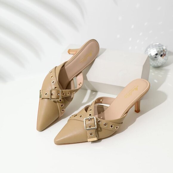 Beige Women Heels Elegant Pointed Toe Buckle Strap Stylish Slip On High Heel Pum - Picture 9 of 9